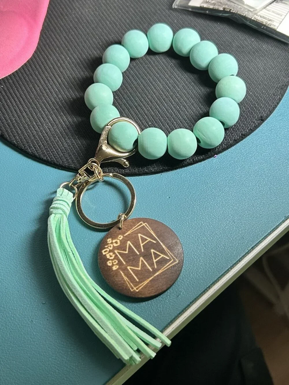Mama Wooden Disc Tassel Keychain Mint Green Beaded Bracelet Wristlet